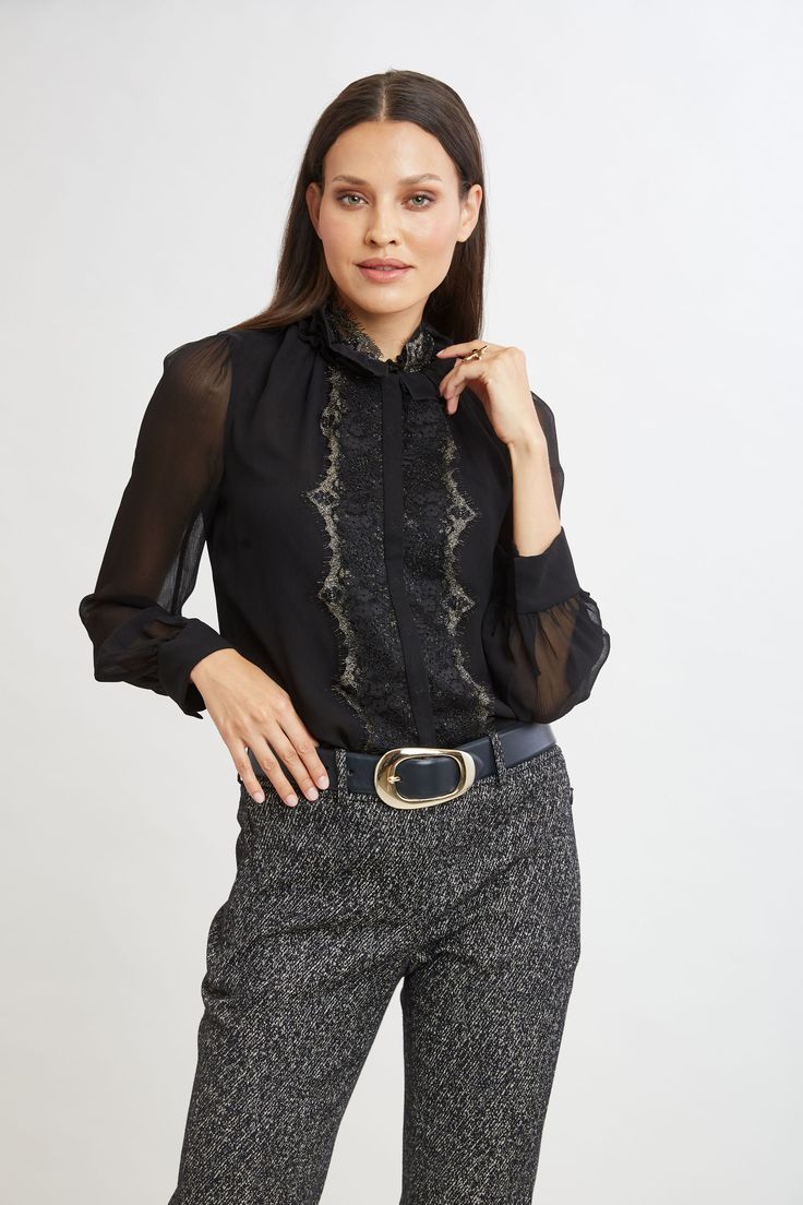 Elevate your wardrobe with this statement blouse, where sheer elegance meets intricate design. The delicate metallic Chantilly lace trim lends a feminine edge to the crinkle silk chiffon body. With its lace trim neckline and front closure, this piece exudes understated elegance. Pair it with our Metallic Tweed Pants for a chic day look or dress it up with Satin for night.     Limited Edition 50th Anniversary Collection    Elie Tahari Exclusive    Metallic Trim Crinkle Chiffon Silk Shirt with She Statement Blouse, Tweed Pants, Tahari Dress, Metal Lace, Long Sleeve Short Dress, Chantilly Lace, Sheer Sleeves, Denim Coat, Silk Shirt