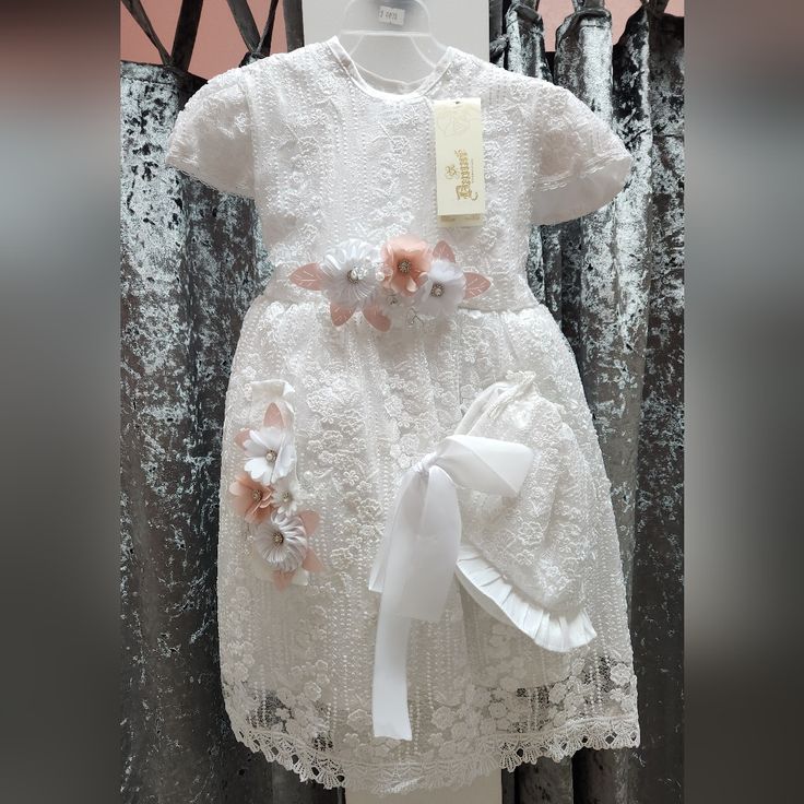 Nwt Danae Ropones Finos Baptism Or Flower Girl Dress With Pink And White Flower Detail Size 2 Dress Comes With Stretch Headband, And A Cap. Floral Accessories Can Be Removed From The Waist. Elegant Floral Applique Dress For Baptism, White Lace Baptism Dress For Spring, White Spring First Communion Dress, Fitted Floral Applique Dress For Confirmation, Summer Baptism Dress In Lace, White First Communion Dress For Spring, Fitted Floral Appliqué Dress For First Communion, Fitted Dresses With Floral Applique For First Communion, Floral Applique Dress For First Communion In Spring