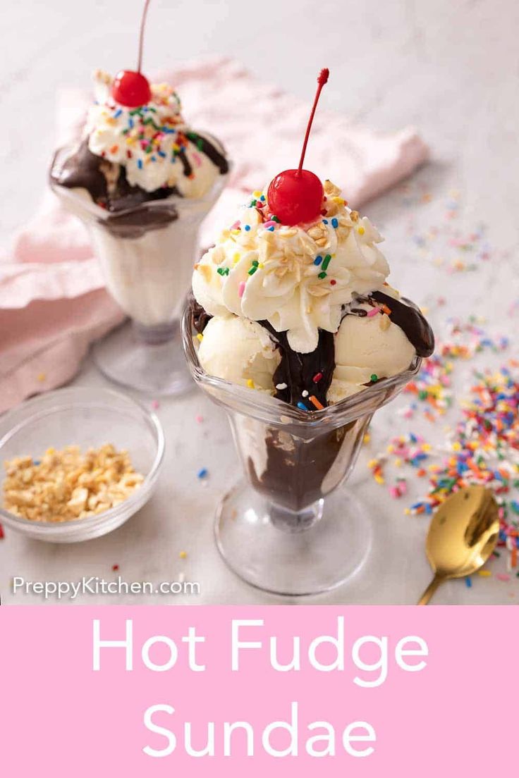 two ice cream sundaes with chocolate and sprinkles