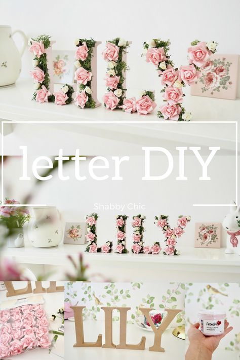 there is a shelf with flowers and letters on it that read, letter diy