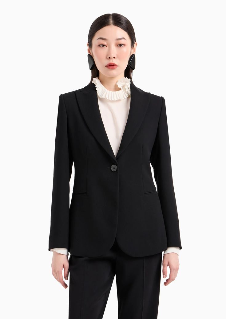 Single-breasted jacket in technical gabardine | EMPORIO ARMANI Woman Tailored Gabardine Workwear Blazer, Timeless Blazer With Lapel Collar And Hidden Button Closure, Workwear Gabardine Blazer With Double Button Closure, Double Button Gabardine Blazer For Work, Formal Gabardine Blazer For Fall, Gabadine Blazer With Hidden Buttons For Work, Classic Gabardine Blazer For Business, Tailored Gabardine Blazer With Notch Lapel, Tailored Gabardine Blazer For Fall