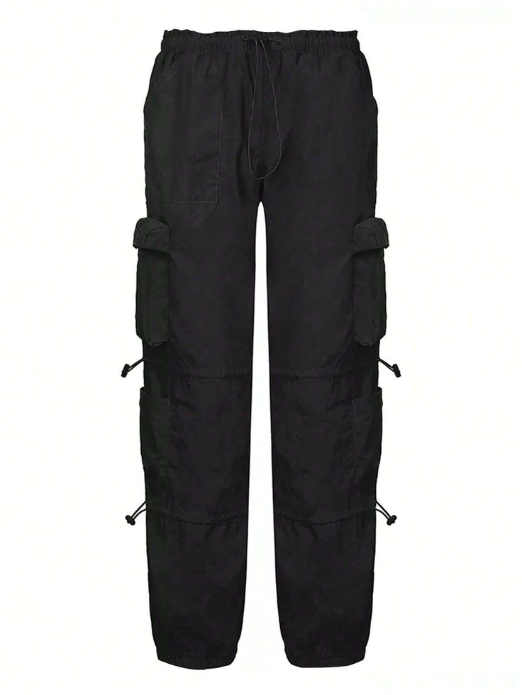 Check out this amazing Flap Pocket Side Drawstring Waist Cargo Pant - the perfect blend of style and functionality. Made with polyester and cotton blends, these pants are durable and comfortable, ensuring they will last you for years to come. With a high waistline and loose fit, they provide a comfortable and relaxed look, while the fringe and drawstring details add a touch of casual elegance. Specification: Style: Casual Type: Cargo Pants Details: Drawstring, Fringe Waist Line: High Waist Lengt Versatile Black Bottoms With Functional Drawstring, Black Cotton Parachute Pants With Drawstring, Black Techwear Bottoms With Drawstring, Black Pants With Functional Drawstring For Streetwear, Solid Pants With Drawstring For Streetwear, Functional Cotton Bottoms With Drawstring, Black Nylon Cargo Pants With Drawstring, Black Parachute Pants With Functional Drawstring For Streetwear, Black Pants With Drawstring For Streetwear