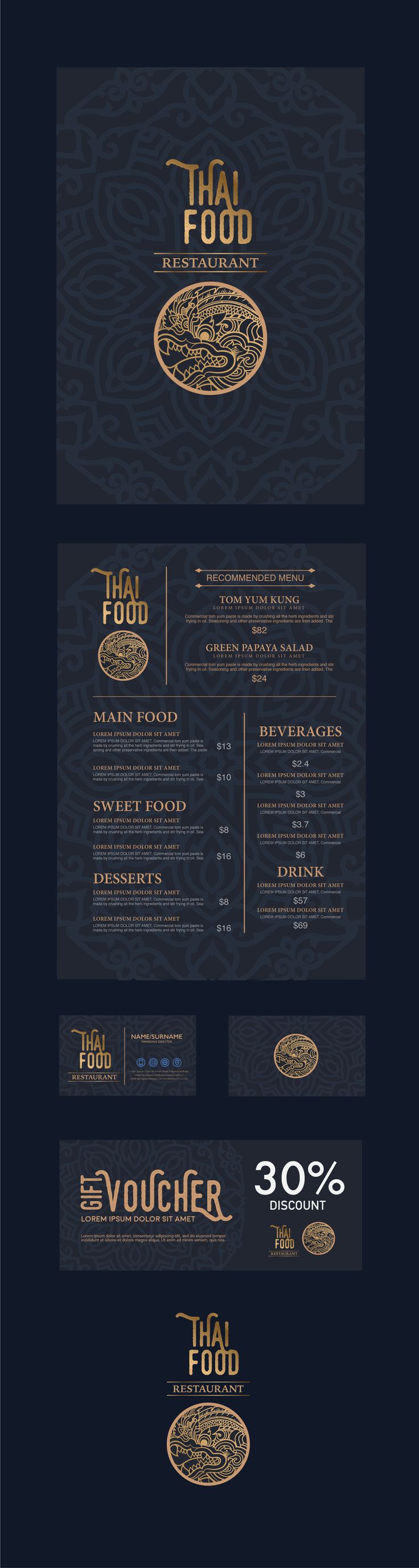 the menu for thai food is shown in gold and black, along with other items