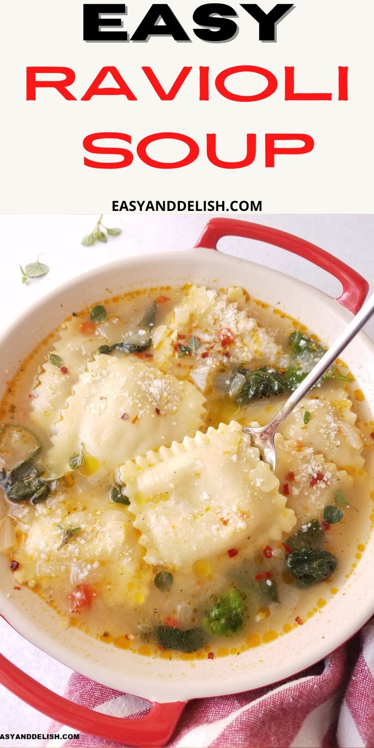 an easy ravioli soup recipe in a red and white bowl