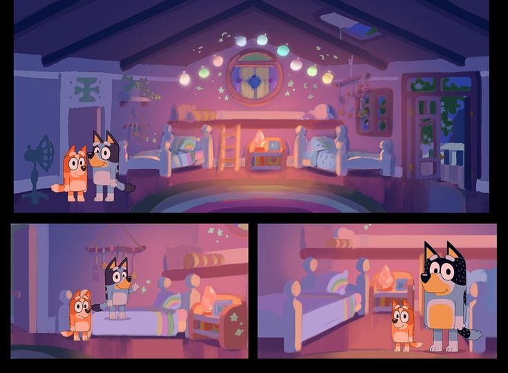 an animated scene with two cats and a dog in a bedroom, one cat is sitting on the bed