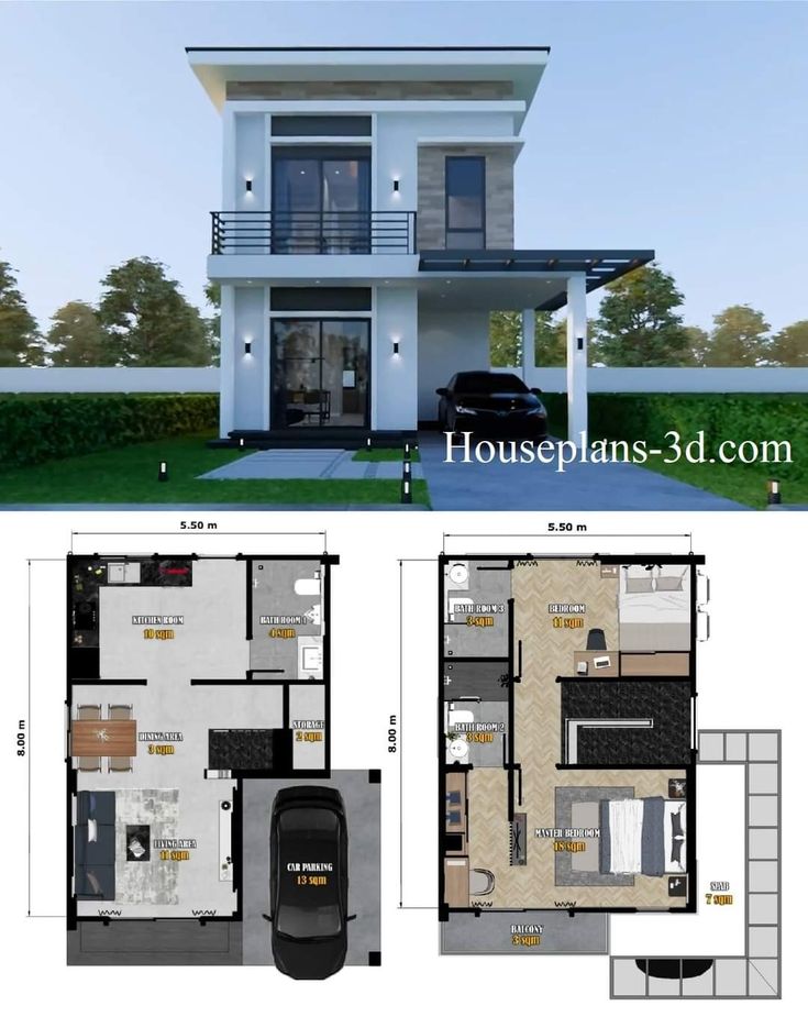 two story house plan with 2 car garage and 3 bedroom apartment in the front yard