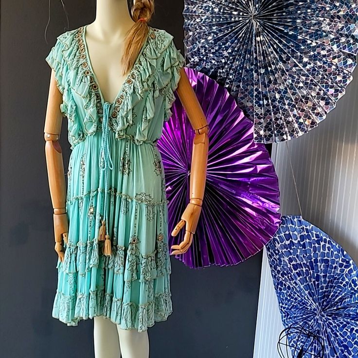 Aqua Sleeveless Dress With Ruched Waist, Mirrors And Tassels Bohemian Midi Dress With Ruffles For Party, Bohemian Sleeveless Midi Dress For Party, Bohemian Tiered Party Dress, Black Midi Wrap Dress, Denim Button Up Dress, Corduroy Pinafore Dress, Ruffles Dress, Aqua Mint, Long Sleeve Denim Shirt