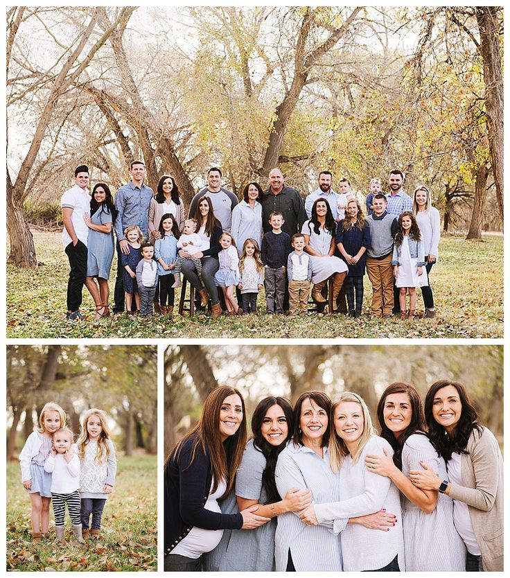 a family posing for pictures in front of some trees and grass with their arms around each other