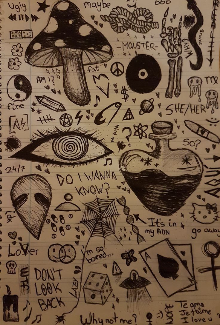 a drawing on paper with various symbols and words written in black ink, including an eye