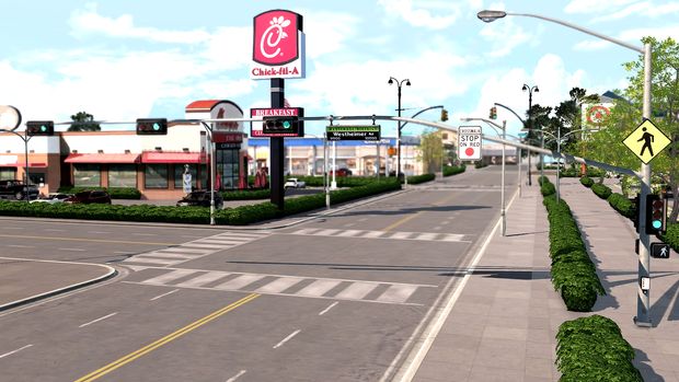 an artist's rendering of a city street with traffic lights, signs and buildings