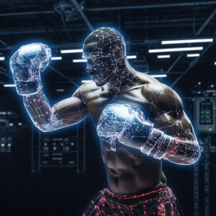 a man with glowing arms and torso holding a boxing glove