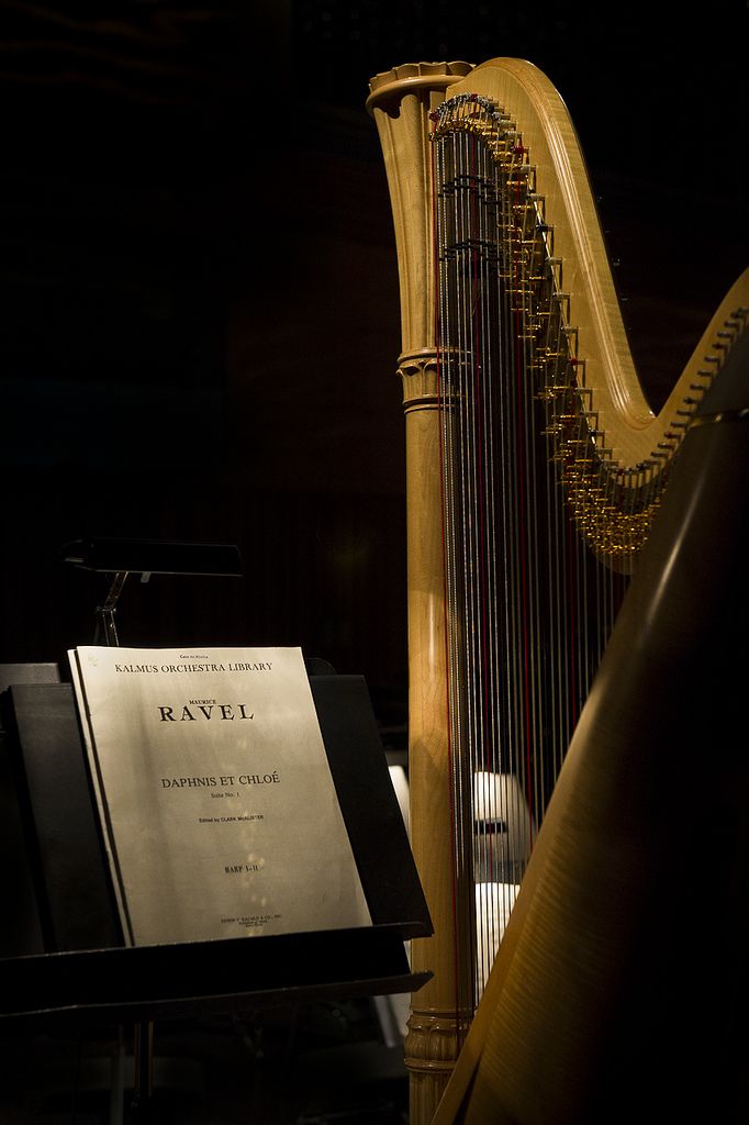 a large harp sitting on top of a table next to a sheet of paper with the words ravel written on it