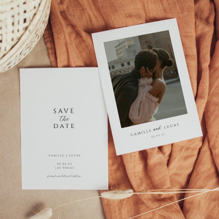 a wedding save the date card with a photo on it next to an envelope and some twine