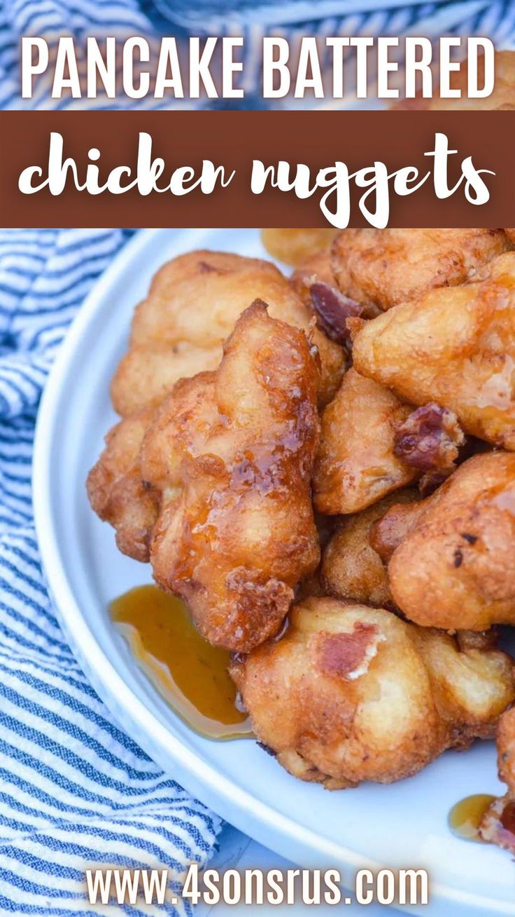 pancake battered chicken nuggets on a white plate