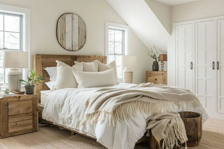 a bedroom with white linens and pillows on the bed, along with two windows