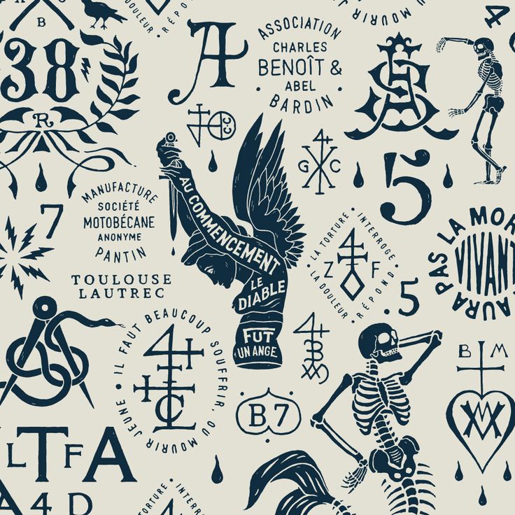 an old school tattoo design with various symbols and designs on white paper, including the letter f