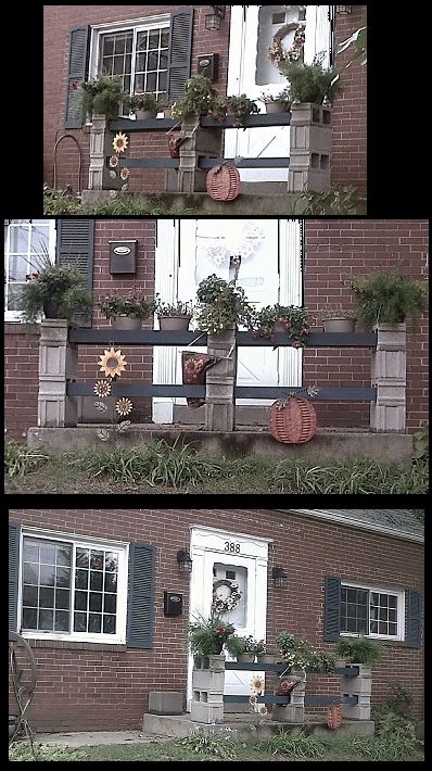 two pictures of the outside of a house with plants and pumpkins on the windowsill