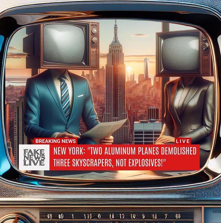 an old tv with two men in suits on it and the caption reads breaking news new york two aluminum planes demolished three skyscrapers, not explosive