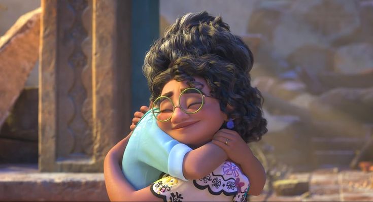 an animated image of a woman hugging a man with glasses on her face and arms around her neck