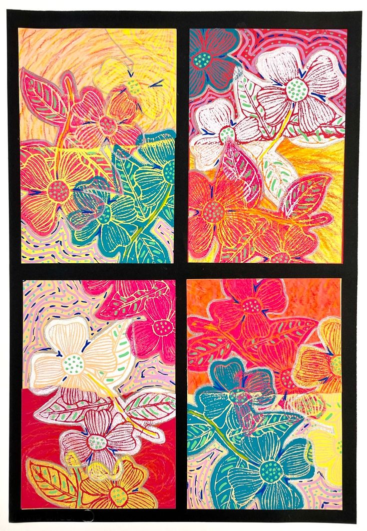 four different colored paintings with flowers on them