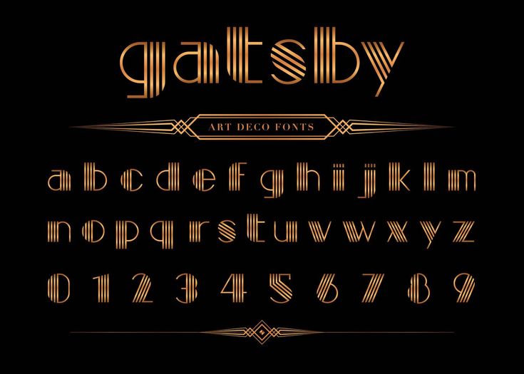 the golden alphabet and numbers in art deco style