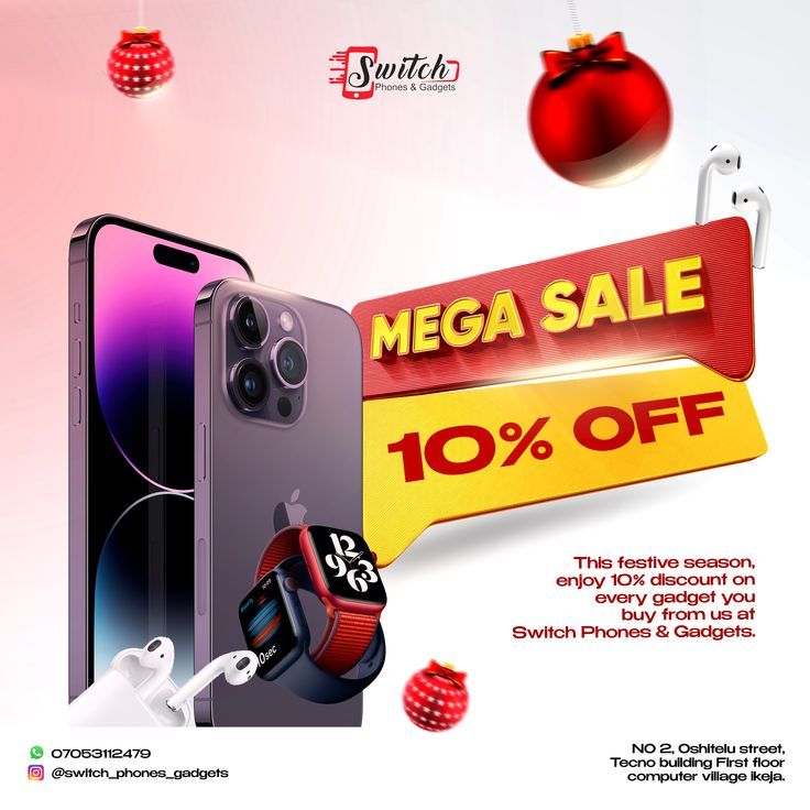 an advertisement for a cell phone sale with christmas decorations and baubles in the background