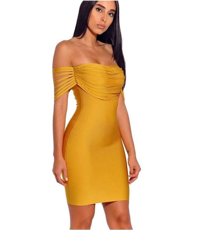 Premium yellow off  shoulder strappy bandage midi dress - Marcy Boutique Knee-length Bandage Dress For Spring, Summer One-shoulder Stretch Bandage Dress, Spring One-shoulder Bandage Dress, Elegant Off-shoulder Bandage Dress For Summer, Elegant Off-shoulder Summer Bandage Dress, Summer Off-shoulder Club Dress, Spring Bodycon Off Shoulder Dress For Night Out, Party Off-shoulder Stretch Dress With Straight Neckline, Spring One-shoulder Bodycon Bandage Dress