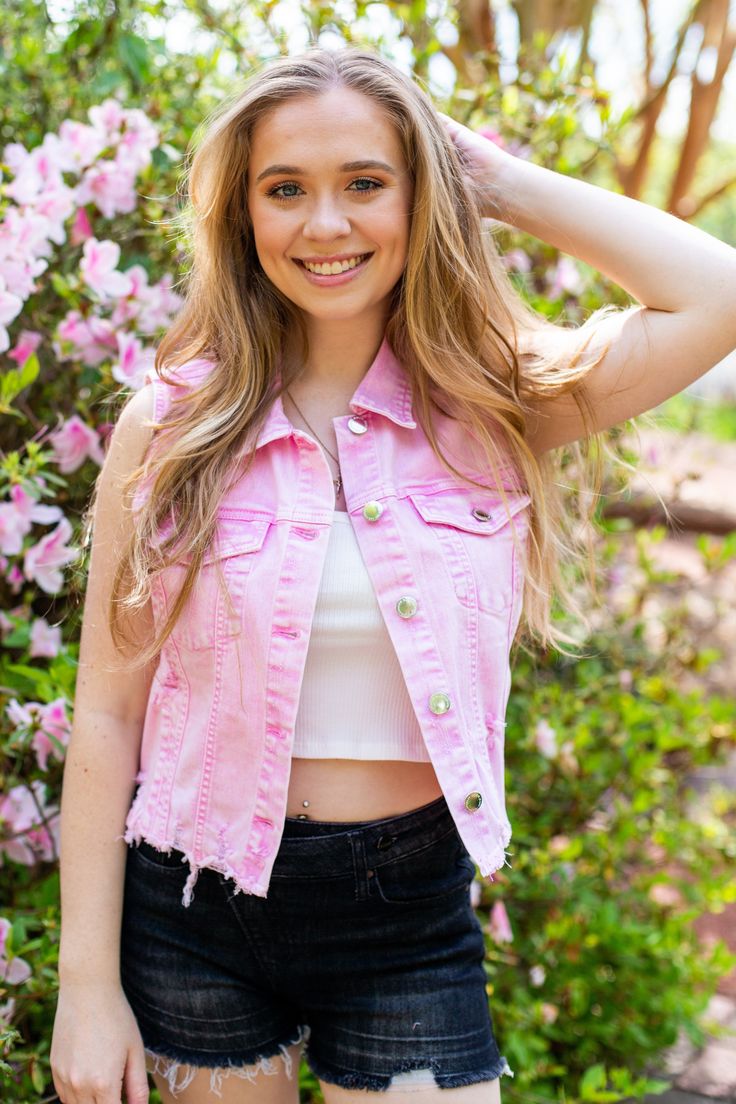 The Amelia Pink Denim Vest is perfect as a layering piece or on its own. Pair it with a cute tee shirt, brami, or crop top and some of our denim shorts or jeans. It is so versatile, you'll be styling it again and again. 92% Cotton 6% Polyester 2% Spandex Distressed Imported Denim Motorcycle Jacket, Denim Vest Men, Custom Leather Jackets, Biker Jacket Men, Biker Jackets, Pink Denim, Romper And Jacket, Lady Biker, Again And Again