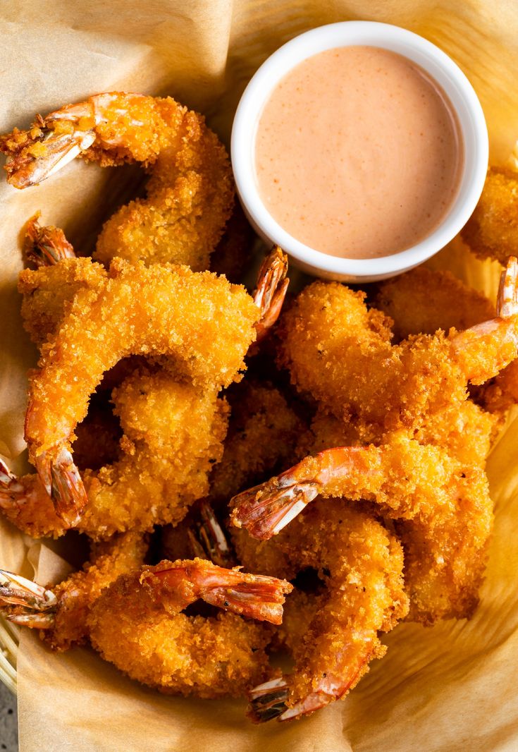 fried shrimp sticks with dipping sauce on the side