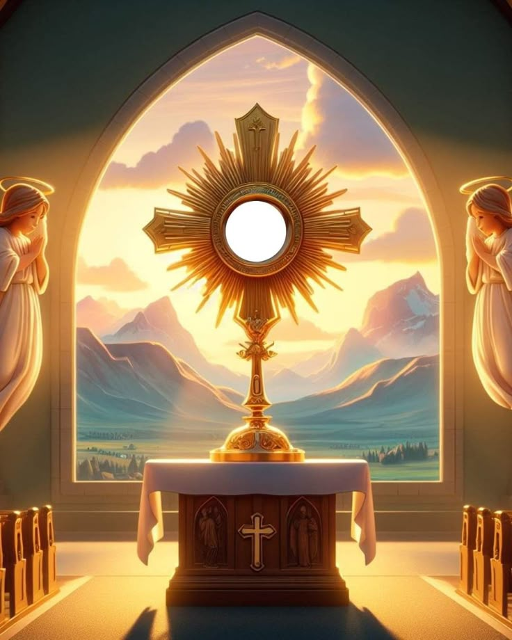 an image of a church altar with the sun setting in the background and angels around it