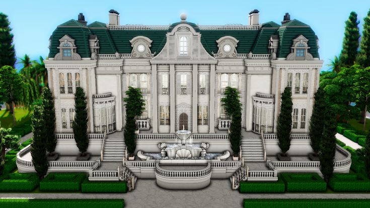 an image of a large white mansion in the middle of trees