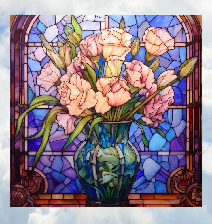 a vase filled with pink flowers next to a stained glass window on a cloudy day