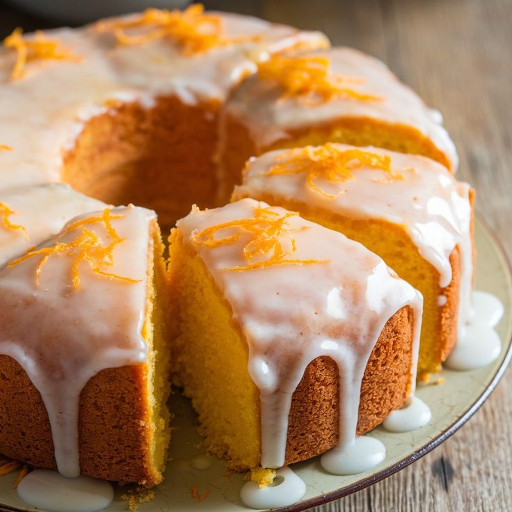 a cake with orange icing and white glazes on a plate, ready to be eaten