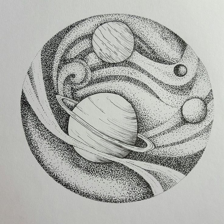 a drawing of the solar system in black and white with space around it, as well as two planets