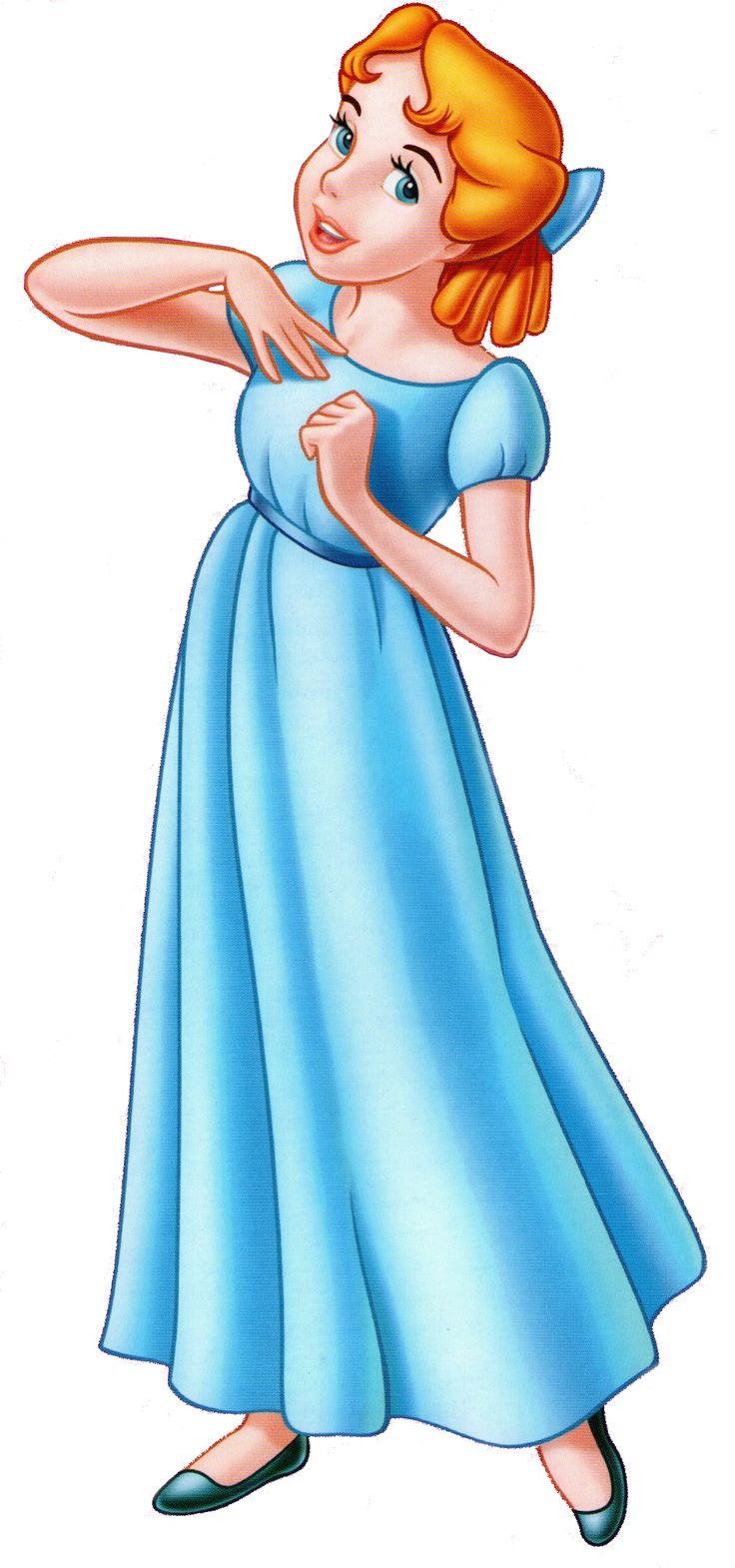 a drawing of a woman in a blue dress pointing at something with her hand on her hip