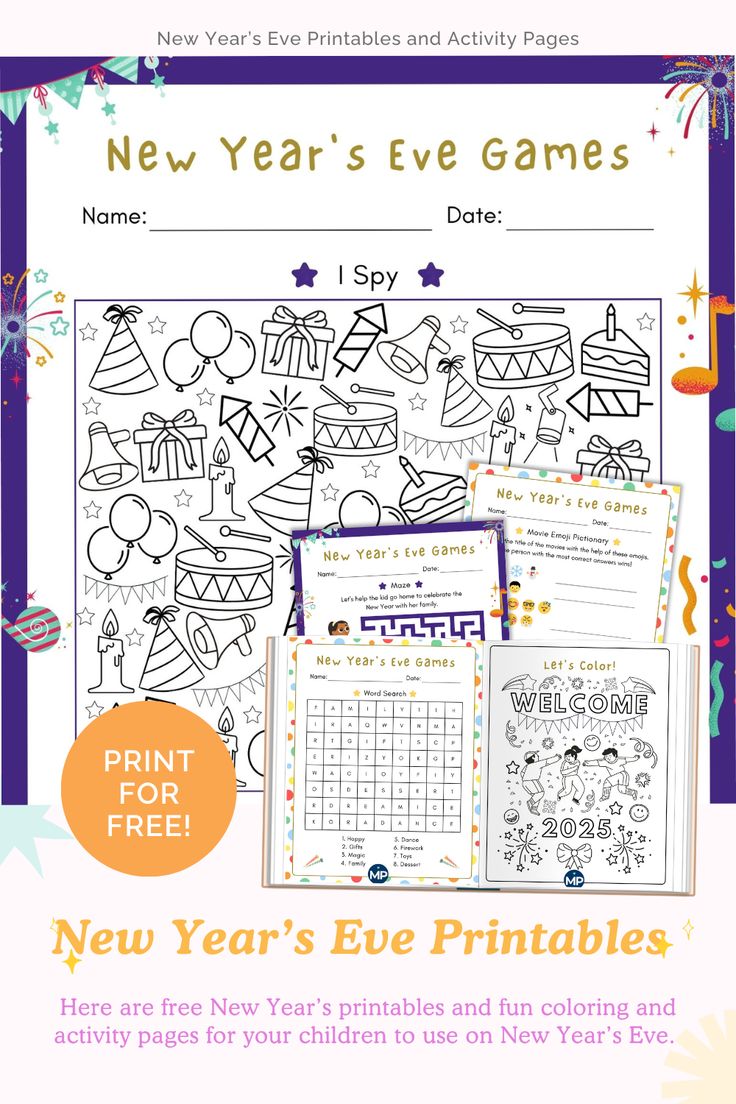 new year's eve printables and activities for children to use in the new year's eve games