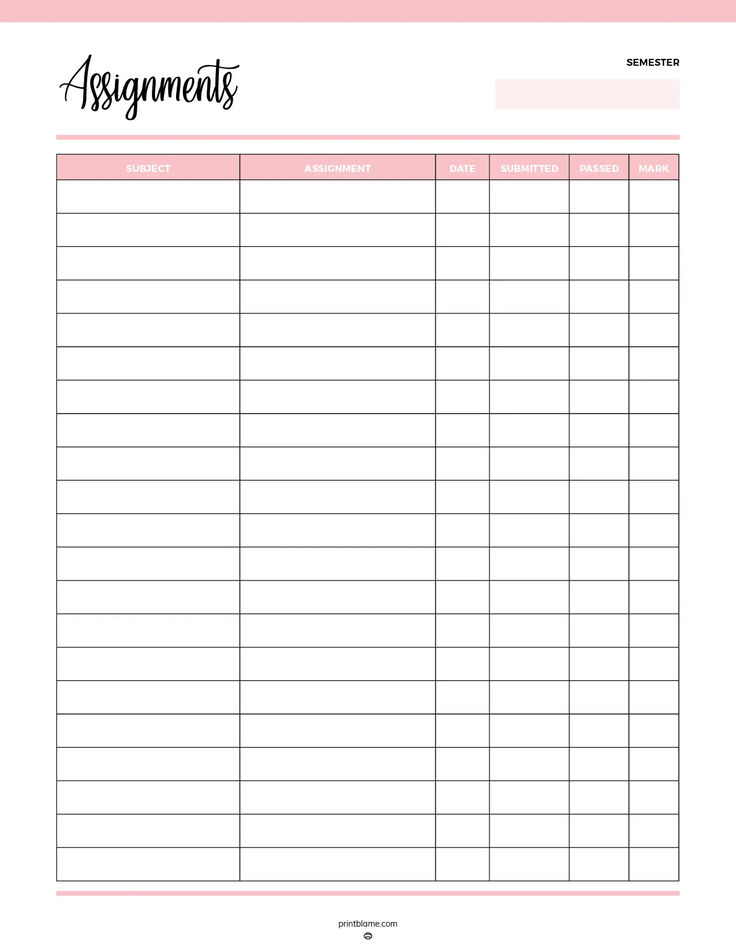 A printable school assessment tracker featuring columns for subject, assignment, due date, submission date, pass/fail status, and marks to track academic progress. School Assignment Planner, Assignment Tracker Template, Assessment Tracker, Homework Planner Printable, Homework Tracker, Homework Planner, Printable School, Student Planner Printable, Tracker Free