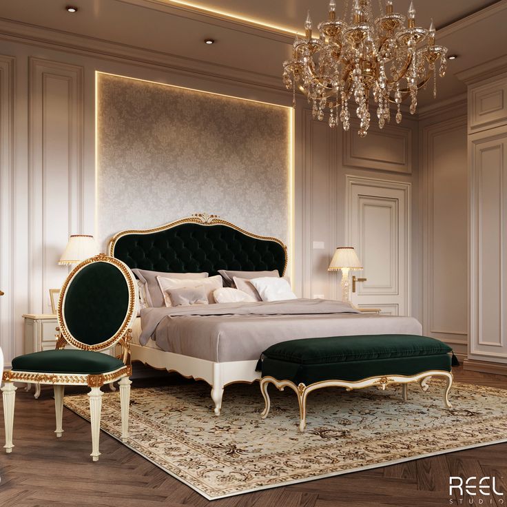 a bedroom with a bed, chair and chandelier in the middle of it