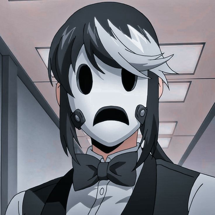 a man with black hair wearing a white mask and bow tie