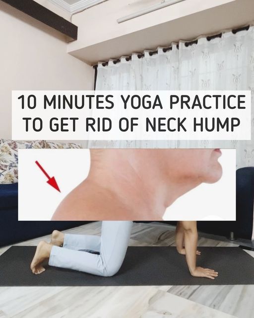 a woman sitting on the floor in front of a yoga mat with text overlay that reads 10 minutes yoga practice to get rid of neck hump