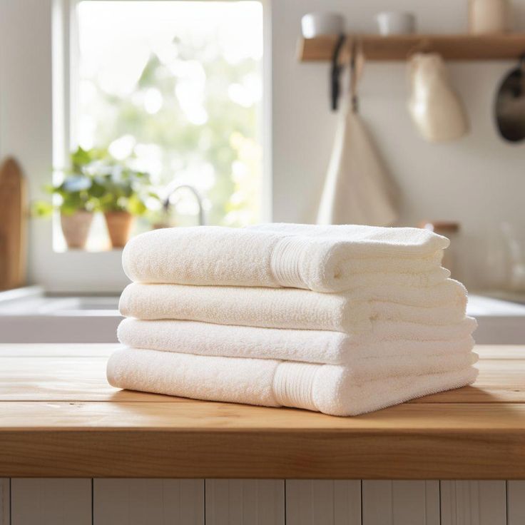 a stack of white towels sitting on top of a wooden counter