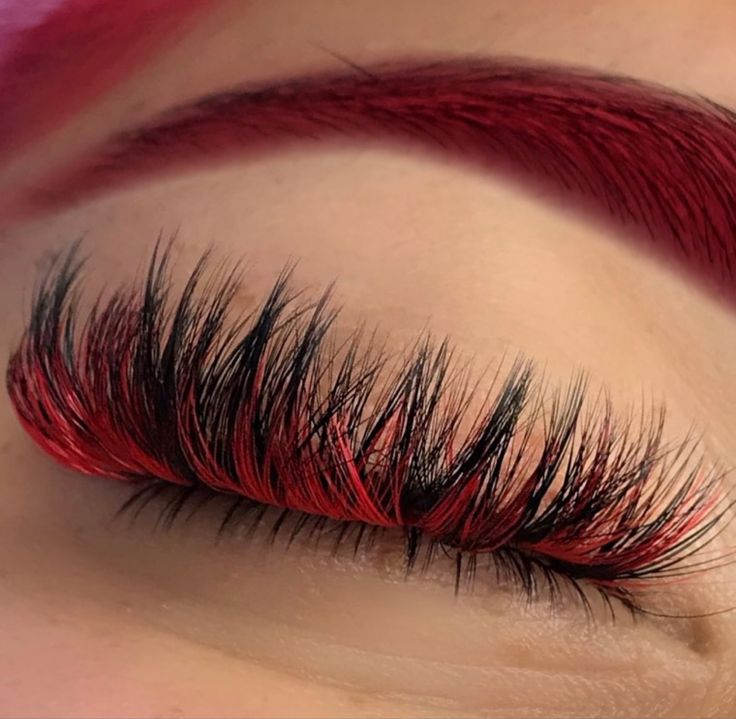 Red Lashes Extensions, Red Eyelashes, Red Eyelash Extensions, Coloured Eyelash Extensions, Red Lashes, Eyelash Extensions Styles With Color, Red Lash Extensions, Halloween Lash Extensions, Eyelash Extensions With Color