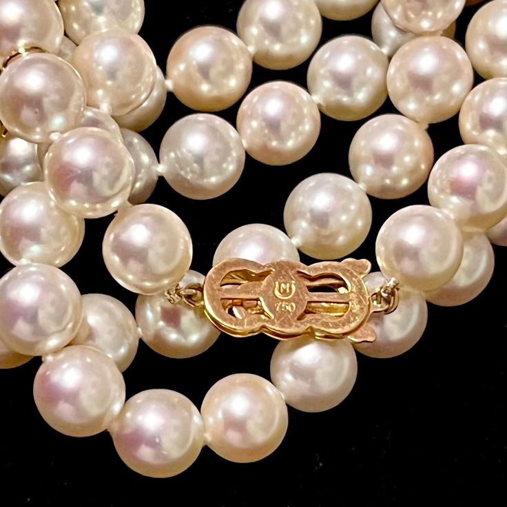 Magnificent and Rare Mikimoto Estate Akoya Pearl 9 mm necklace Necklace 36" 18k Yellow Gold Certified $56,000 M56000Estate Mikimoto 97 Pearls LARGE 9 mm 36 Inches 18 KT Yellow Gold ClaspTRUSTED SELLER SINCE 2002PLEASE REVIEW OUR 100% POSITIVE FEEDBACKS FROM OUR HAPPY CLIENTSPLEASE SEE ATTACHED MIKIMOTO CERTIFICATE AND APPRAISAL FOR DETAILSMikimoto New York730 Fifth Avenue New York, NY 10019FREE PRIORITY SHIPPINGDETAILSStone: Fine Quality Japanese Akoya PearlPearl Shape: RoundPearl Color: Pink/Wh Luxury Brilliant Cut Akoya Pearl Necklace, Luxury Single Strand Yellow Gold Pearl Necklace, Luxury Double Strand Pearl Necklace For Formal Occasions, Luxury High Luster Necklaces For Formal Occasions, Vintage Single Strand Akoya Pearl Jewelry, Luxury Single Strand Pearl Necklace, Formal Vintage Akoya Pearl Necklace, Yellow Gold Single Strand Round Necklace, Yellow Gold Single Strand Necklace