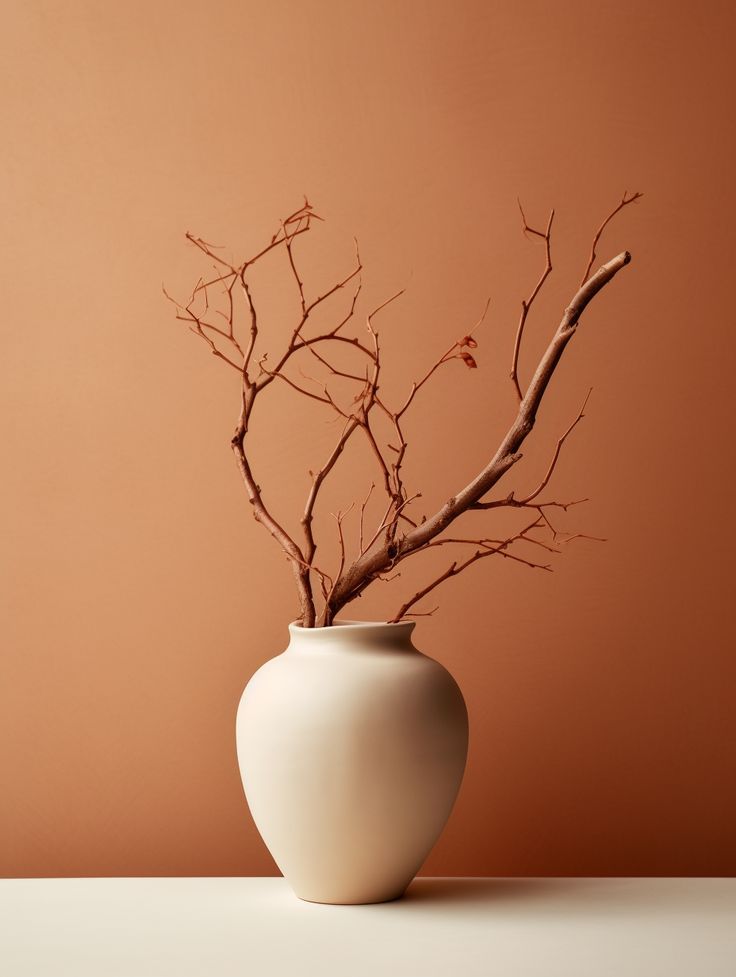 a white vase with branches in it sitting on a table next to a brown wall