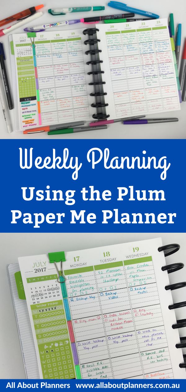 a planner with the text weekly planning using the plum paper me planner