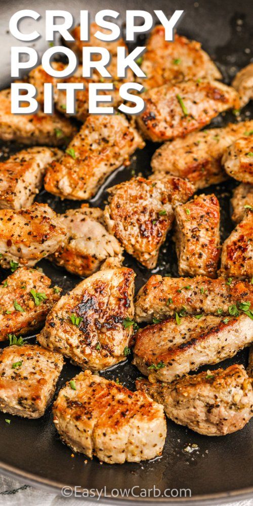 crispy pork bites in a skillet with herbs on top and text overlay that reads crispy pork bites