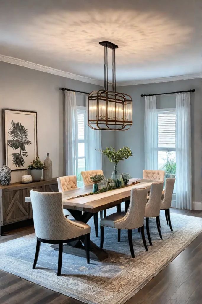 a dining room table with chairs and a chandelier hanging from it's ceiling