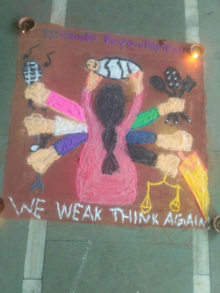 a sign with writing on it that says we weak think again and an image of a woman's head