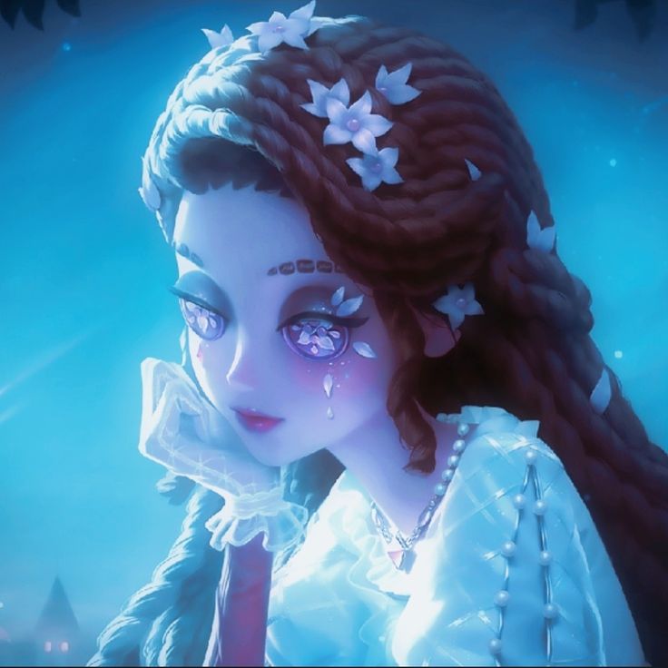 an animated image of a woman with blue eyes and braids, holding her hand to her face