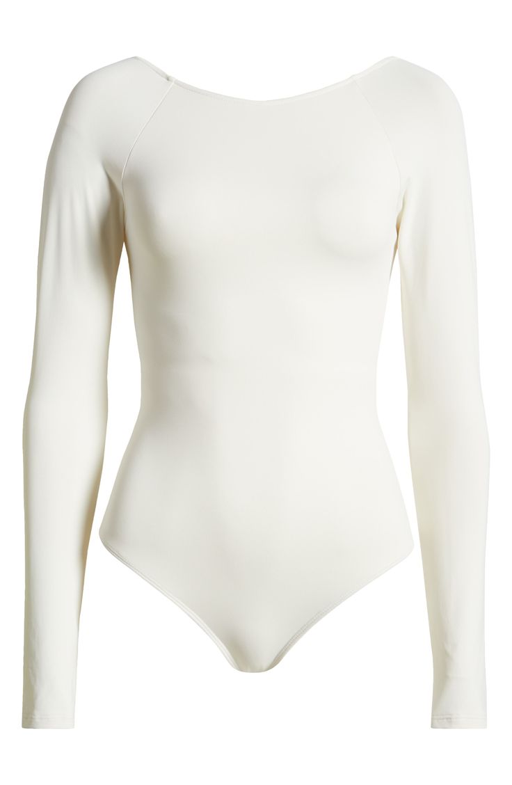 Keep it sleek and sassy with an always-tucked-in bodysuit designed with a sultry open back. Bateau neck Open back Long sleeves 90% nylon, 10% spandex Machine wash, dry flat Imported Not available for sale and shipment to Germany White Second-skin Bodysuit With Lined Body, Sleek Fitted Bodysuit With Lined Body, Elegant White Second-skin Bodysuit, Chic Stretch Backless Bodysuit, Elegant Second-skin Bodysuit With Thumbholes, Sleek Spring Bodysuit With Lined Body, White Stretch Bodysuit For Work, White Elegant Bodysuit With Minimal Stretch, Elegant White Bodysuit With Minimal Stretch